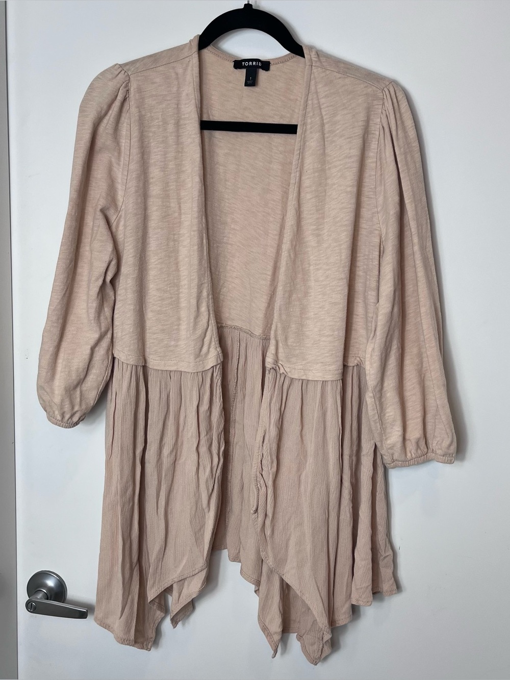 Torrid Fabric Mixed Hanky Hem Kimono Blush Pink Draped Open Cardigan Sweater 1X